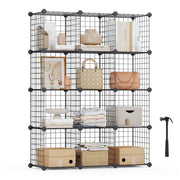 Black 12 cube wire mesh storage organiser built 3 wide by 4 high, styled with books, bags and boxes, with the rubber mallet beside it
