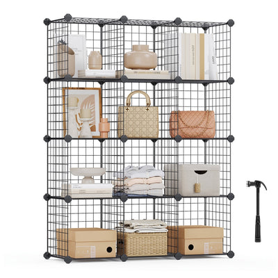Black 12 cube wire mesh storage organiser built 3 wide by 4 high, styled with books, bags and boxes, with the rubber mallet beside it