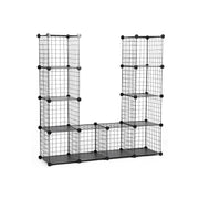 Angled studio view of the black cube organiser rebuilt as a stepped U shaped layout