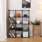 Black cube organiser standing in a living room corner holding books, ornaments and a basketball