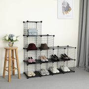 Black cube organiser built as a low stepped run beside a wooden stool, holding hats and shoes