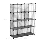 Dimensions diagram of the black 12 cube organiser showing 93 cm wide, 31 cm deep and 123 cm high