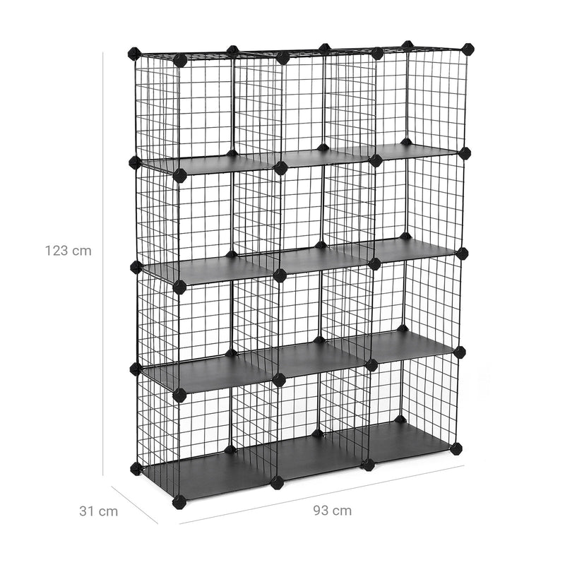 Dimensions diagram of the black 12 cube organiser showing 93 cm wide, 31 cm deep and 123 cm high