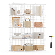 White 12 cube wire mesh storage organiser built 3 wide by 4 high, styled with books, bags and boxes, with the rubber mallet beside it