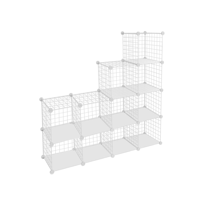 Angled studio view of the white cube organiser rebuilt as a stepped staircase layout
