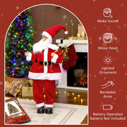 Icons for sound, head movement, lit ornament, bendable arms and battery power beside the Santa figure