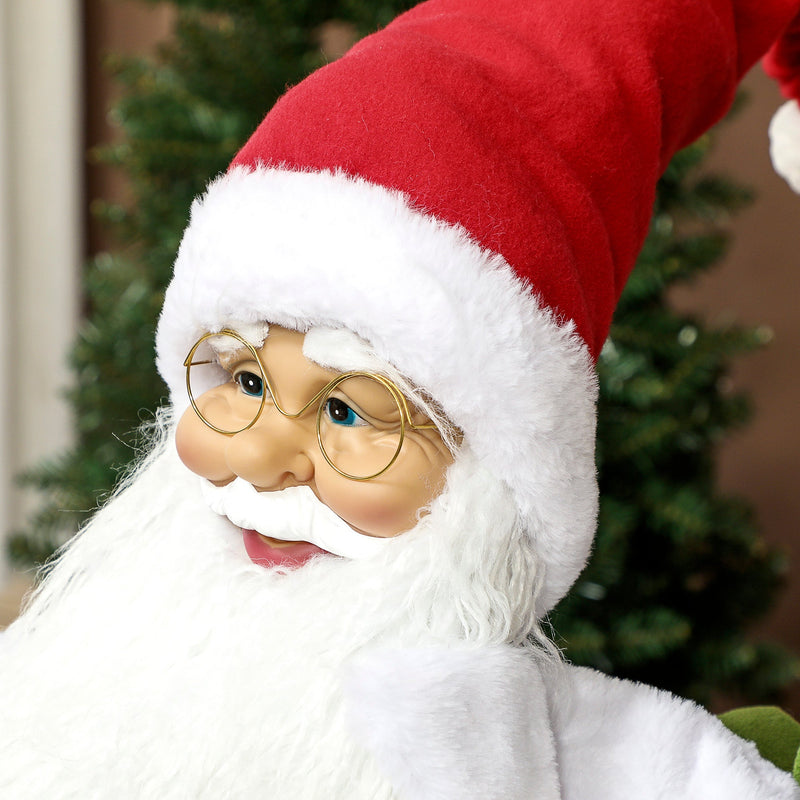 Close-up of Santa's face with round glasses, white beard and red hat