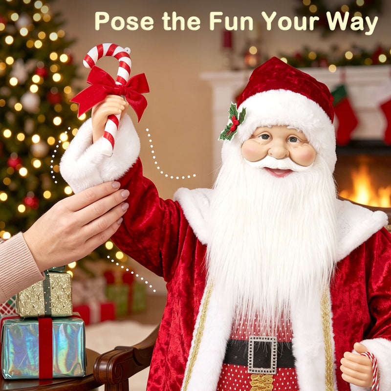 Hand posing Santa's arm holding a red and white candy cane