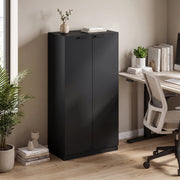 Black storage cabinet styled in a home office beside a desk and chair