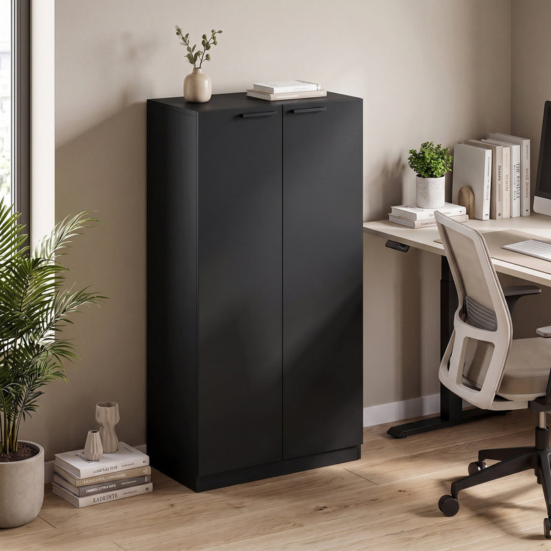 Black storage cabinet styled in a home office beside a desk and chair