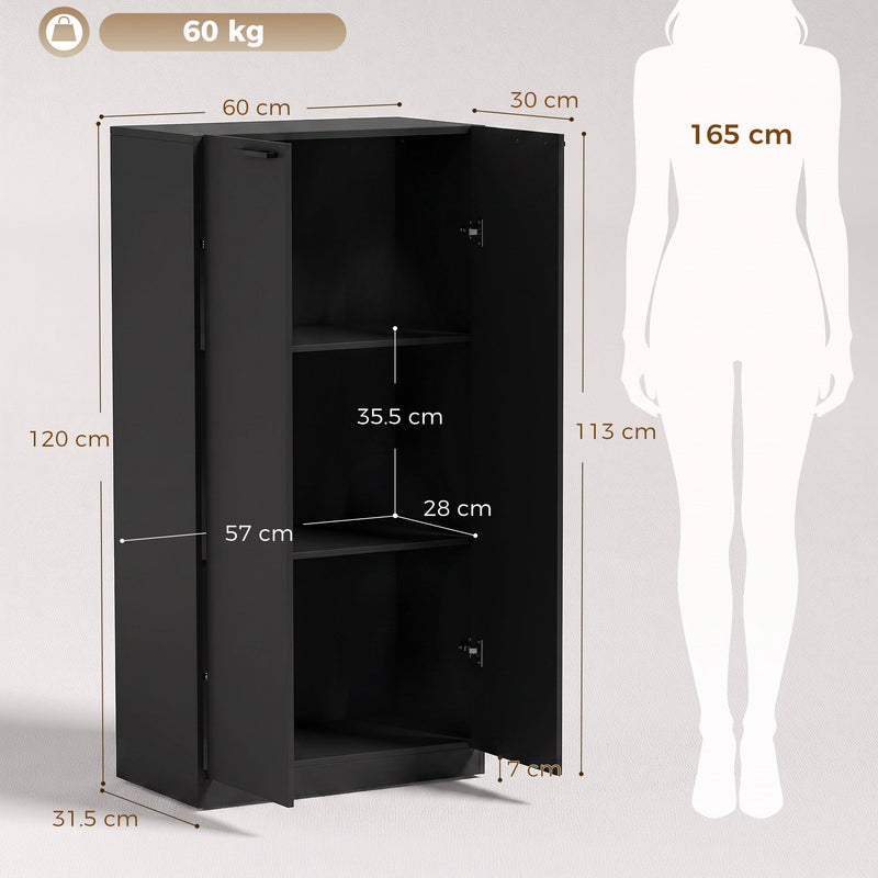Dimensions diagram of the 120cm black storage cabinet showing shelf and cabinet sizes