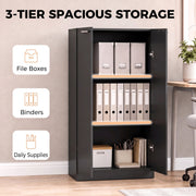 Three-tier storage cabinet interior filled with file boxes, binders and daily supplies