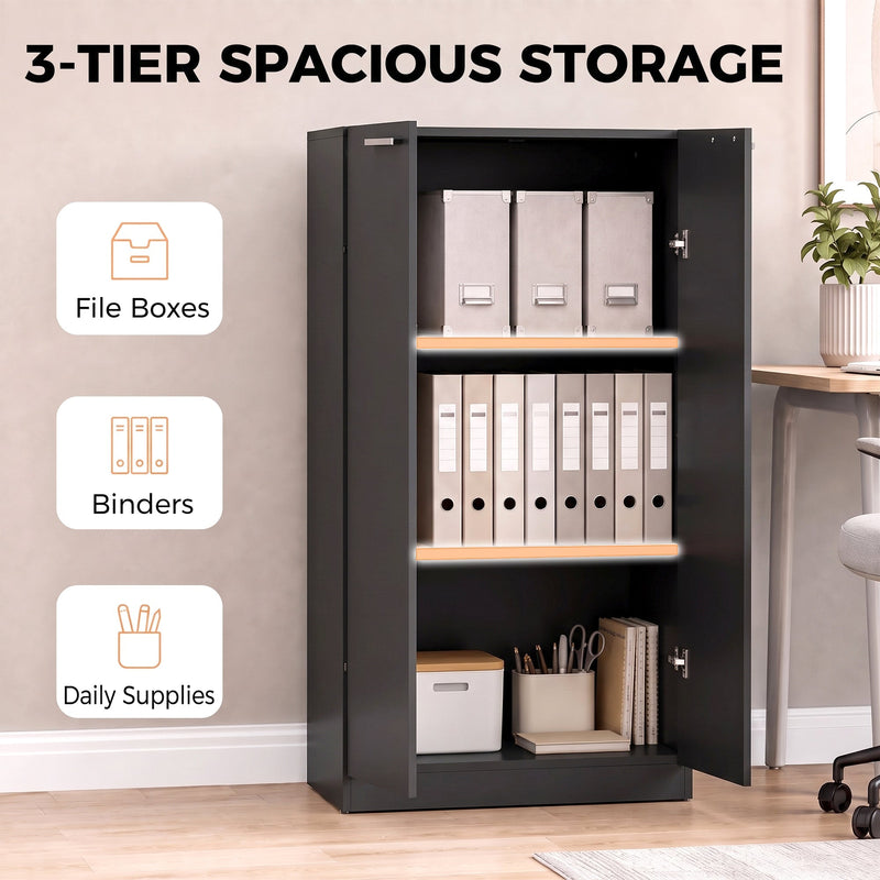 Three-tier storage cabinet interior filled with file boxes, binders and daily supplies