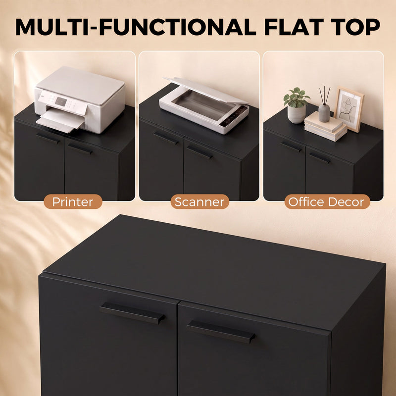 Flat top of the storage cabinet holding a printer, scanner and office decor