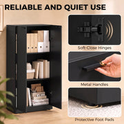 Close-up of soft-close hinges, metal handles and protective foot pads on the cabinet