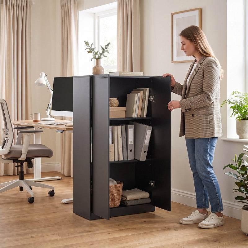 Woman placing binders into the open storage cabinet beside a home office desk