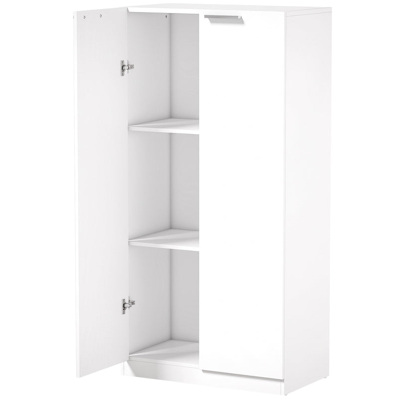 HOMCOM white storage cabinet with doors open showing three tiered shelves