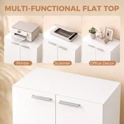 Flat top of the cabinet shown holding a printer, scanner and office decor