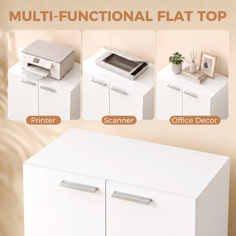 Flat top of the cabinet shown holding a printer, scanner and office decor