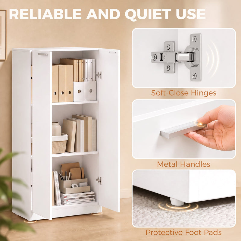 Close-up of the soft-close hinges, metal handles and protective foot pads