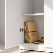 Close-up inside the cabinet showing folders tied with string and a notebook on a shelf