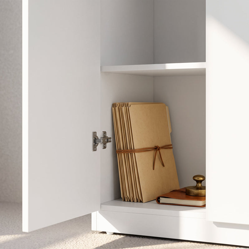 Close-up inside the cabinet showing folders tied with string and a notebook on a shelf