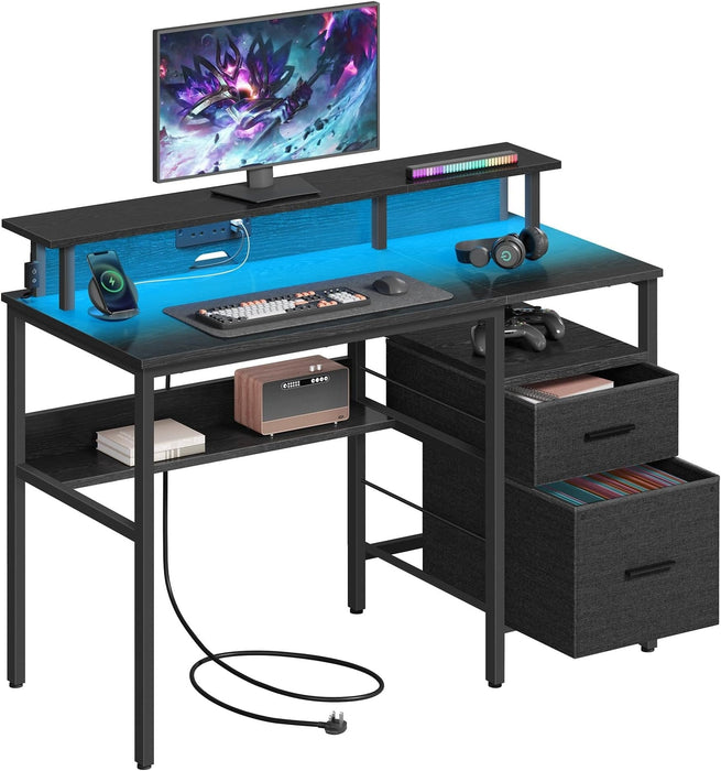 Image of a black Vasagle 120cm gaming desk with drawers and LED lights