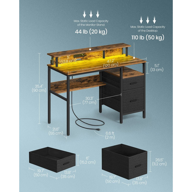 Vasagle 120cm Desk with Drawers and LED Lights For Home Office
