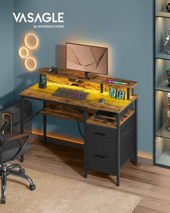 Image of a rustic brown Vasagle 120cm gaming desk with black drawers and LED lights