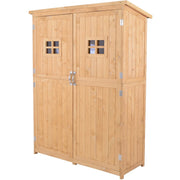 Angled studio view of the natural wooden garden shed with the doors shut