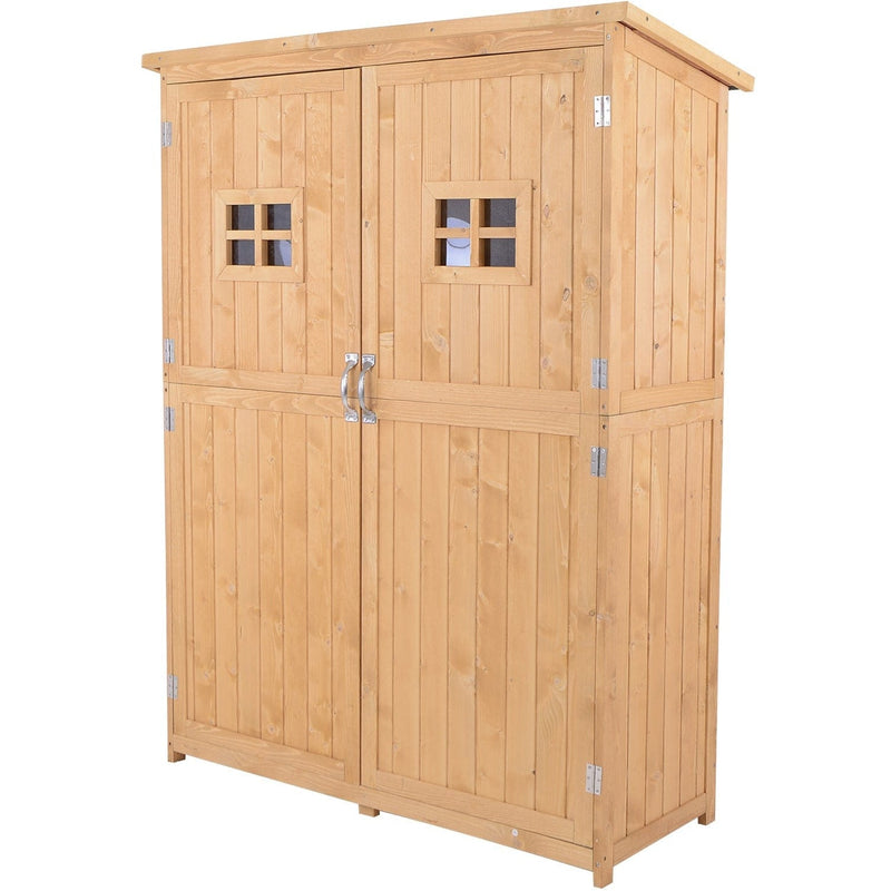 Angled studio view of the natural wooden garden shed with the doors shut