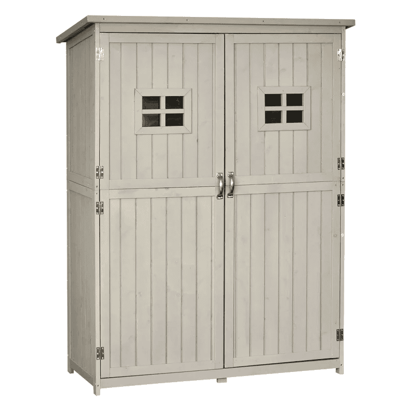 Grey wooden garden shed viewed from the front with both doors closed
