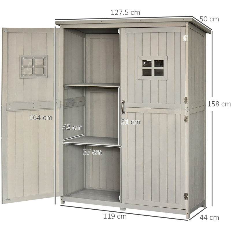 Diagram of the grey shed with doors open, showing a 57 x 42cm shelf and 51cm clearance