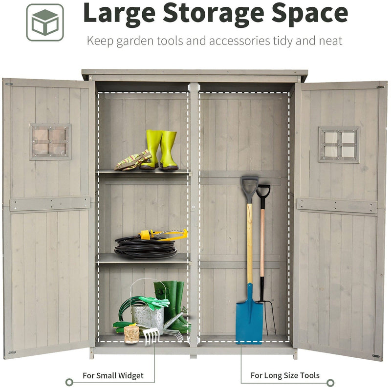 Storage panel for the grey shed with wellies, hose and tools on the shelves