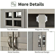 Details panel for the grey shed showing windows, catches, handles and hinges