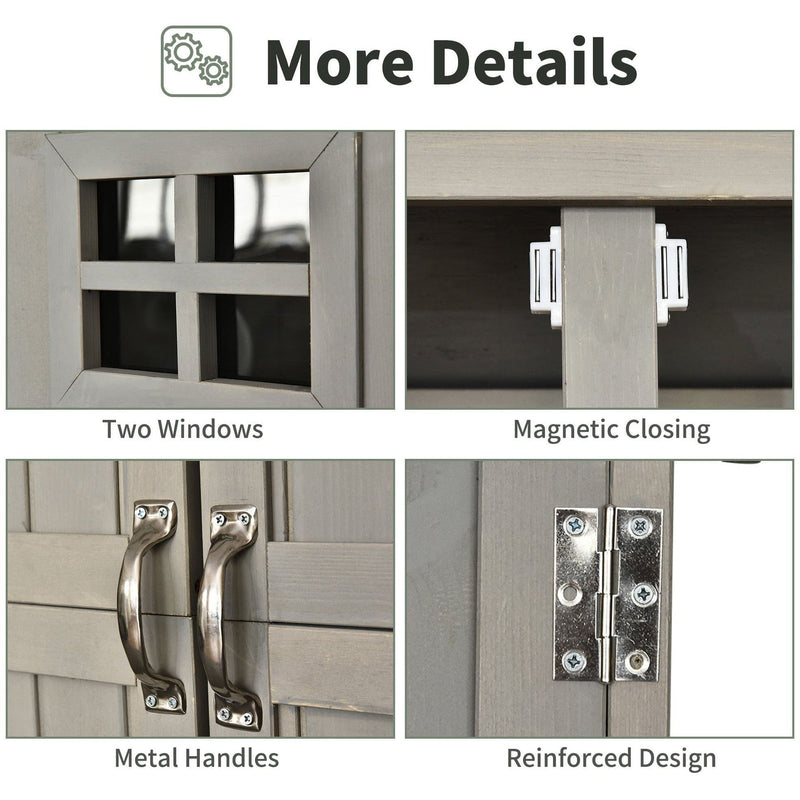 Details panel for the grey shed showing windows, catches, handles and hinges