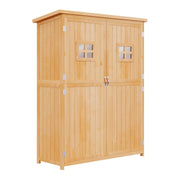 Natural wooden garden shed with two doors closed, each with a small glazed window