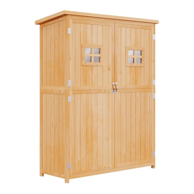 Natural wooden garden shed with two doors closed, each with a small glazed window