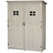 Angled studio view of the grey wooden garden shed with the doors shut