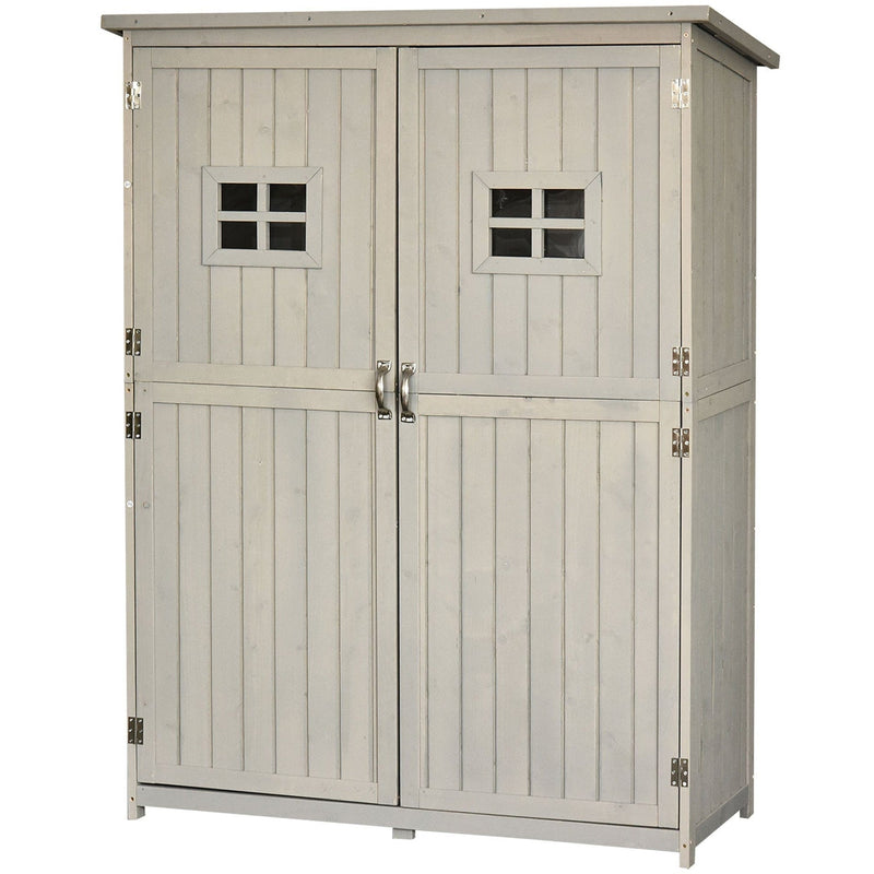 Angled studio view of the grey wooden garden shed with the doors shut