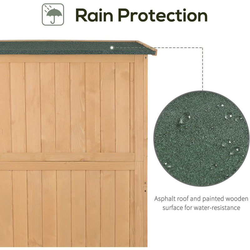 Rain protection panel showing water beading on the shed's asphalt roof