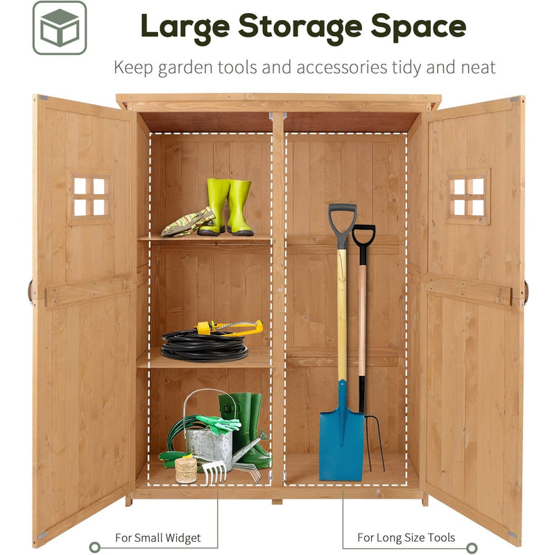 Storage panel showing shelves on one side and a full-height bay for long tools
