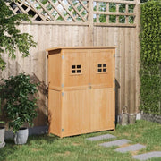 Natural wooden garden shed beside a trellis fence with pot plants