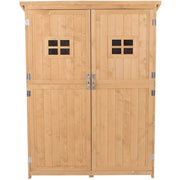 Straight-on view of the natural wooden shed with both doors closed