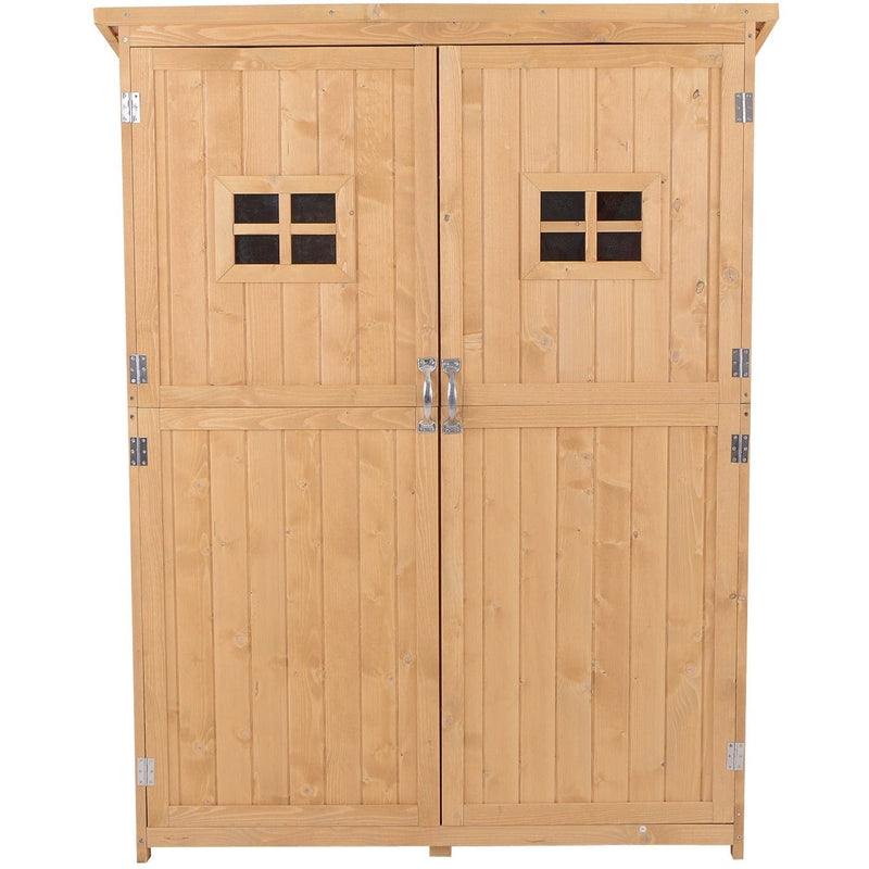 Straight-on view of the natural wooden shed with both doors closed