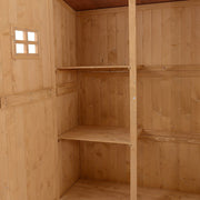 Inside the shed showing a shelf, the centre post and daylight through a window