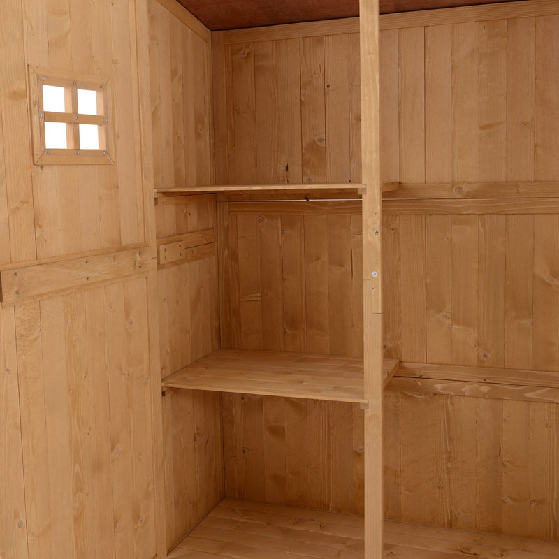 Inside the shed showing a shelf, the centre post and daylight through a window