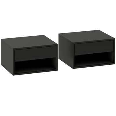 Floating Bedside Tables Set of 2 with Drawer and Shelf Space Saving Storage Black AOSOM