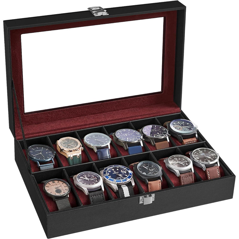 Songmics 12 Slot Watch Box Black Leather With Red Lining