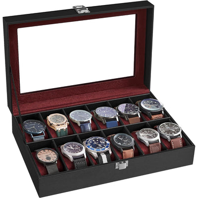 Songmics 12 Slot Watch Box Black Leather With Red Lining Songmics